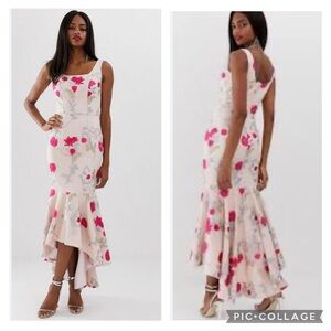 Chi Chi London Pink Floral Mesh Overlay High-Low Mermaid Midi Dress Size 8